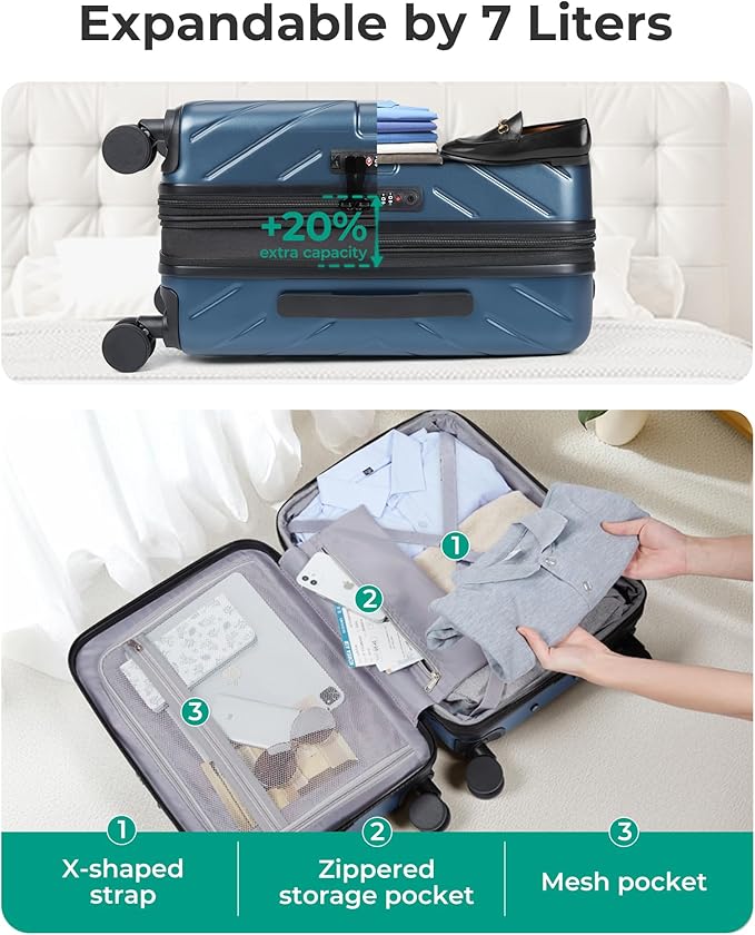 BAGSMART Carry on Luggage 22x14x9 Airline Approved with TSA Lock, 100% Polycarbonate Hardside Suitcase with Spinner Wheels, Royal Blue