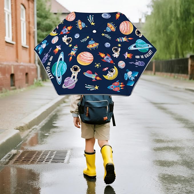 Kids Folding Umbrella Auto Open/Close Umbrellas for Rain Round Corner Safe Design UV Resistant Automatic Children Travel Umbrellas Reinforced Canopy 360° Reflective Strip Lightweight for Girls & Boys