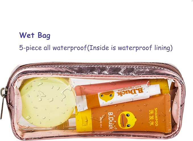 Remobia Hicol TSA Approved 5-Piece Diaper Bag Organizer Pouch Set Clear Waterproof TPU Kids Toiletry Storage Set Travel Packing Clutch Cube Bags for Baby Nursing(Gose gold leather)