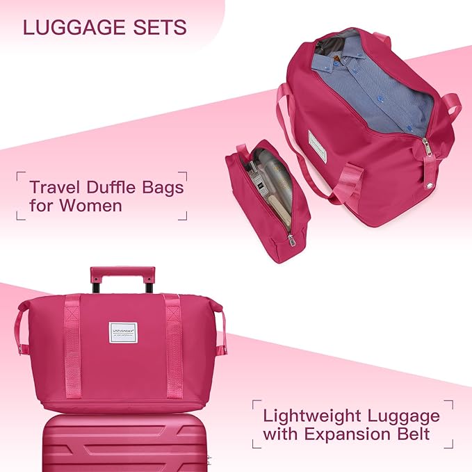 6 Piece Luggage Sets with Bags, Lightweight Expandable Checked Luggage Sets, Hardshell ABS Spinner Wheels Carry on Suitcase with TSA Lock, for Travel, Women Men (Rose Red, 18/20/24/28inch+2bags)