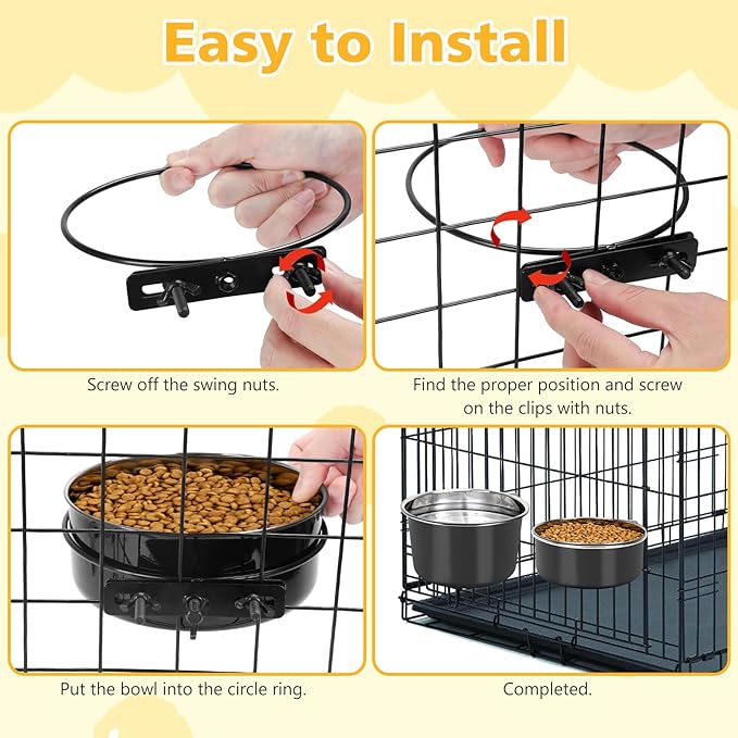 Large Dog Crate Water Bowl No Spill 2 Pack, Stainless Steel Dog Bowls for Food and Water, Pet Kennel Hanging Dogs Food Bowls for Medium/Large Dogs and Cats (7.1"x3.7" & 7.1"*2.6", Black)
