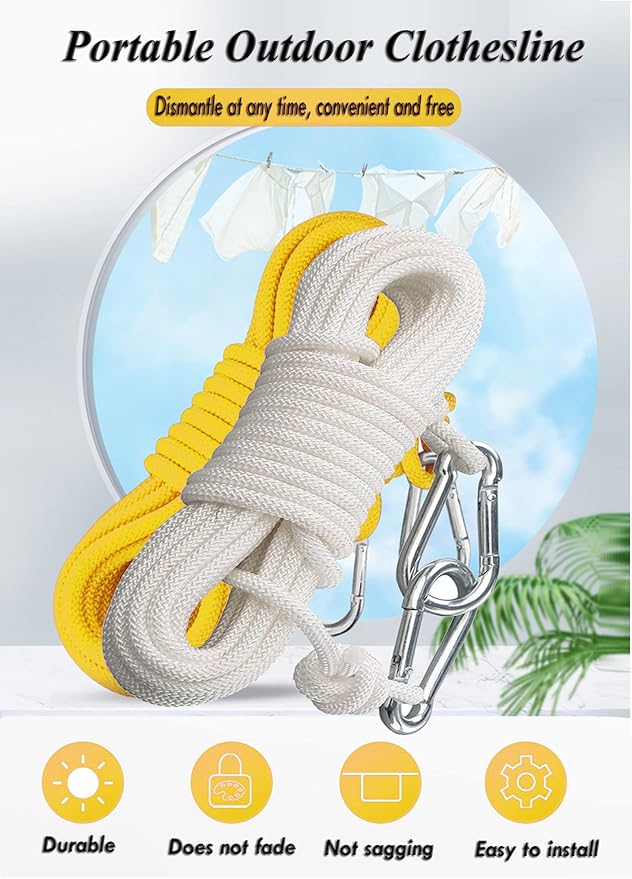 Clothesline Clothes Drying Rope Portable Travel Clothesline Adjustable for Indoor Outdoor Laundry Clothesline, Perfect Windproof Clothes Line, Hanger for Camping Travel & Home Use(White)