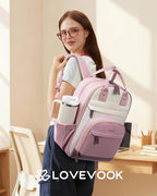 LOVEVOOK Laptop Backpack Women with Giant Tumbler Holder,17.3 inch Work Travel Backpack Computer Laptop Bag,Cute College Nurse Teacher Backpack Purse,Gifts for Women & Men,Pink-Off-white-Light pink