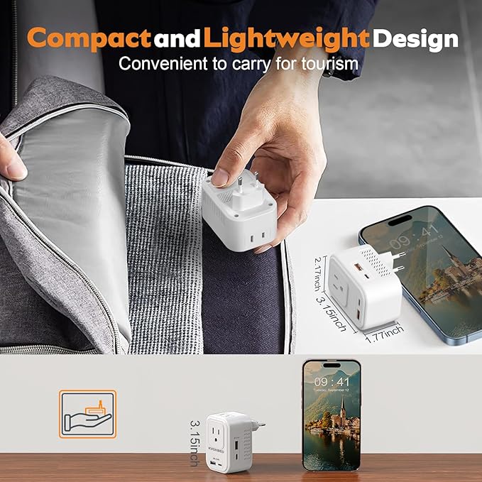 Voltage Converter US to Europe Travel: 220V to 110V Converter for European Country, Adapter with Fast Charging 2 USB A&2 Type C Worldwide Power Converter Adapter Combo for Germ, France, Italy, etc