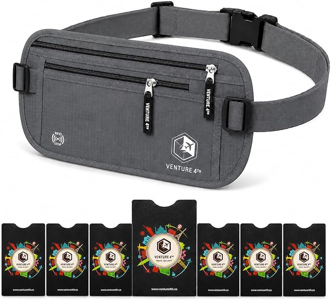 VENTURE 4TH RFID Money Belt for Travel with RFID Blocking Sleeves – Slim Hidden Travel Wallet & Passport Holder for Men & Women, Lightweight Anti-Theft Pouch to Protect Cash, Cards & Documents - Gray