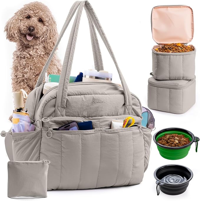 Dog Travel Bag for Supplies, Airline Approved Pet Travel Organizer with 2 Food Containers & Collapsible Bowls, Large Capacity Dogs Tote Bag for Weekend, Stylish Dog Mom Gift for Pet Lovers
