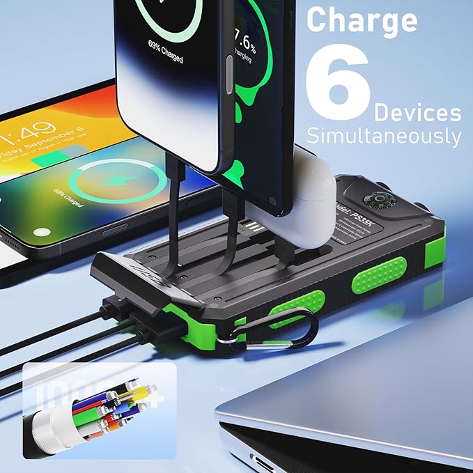 Solar Charger Power Bank 20,000mAh, Portable Charger, 4 Cables 3 Ports Fast Charging External Battery Pack with USB C for Cell Phones, Solar Panel Charger with Dual Flashlight for Camping Green