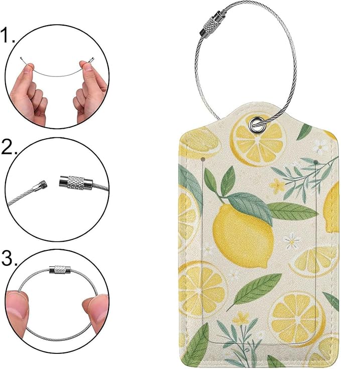 2 Pack Luggage Tags for Suitcases, PU Leather Bag Tag with Privacy Cover Address Card Travel Essentials-Summer Lemon