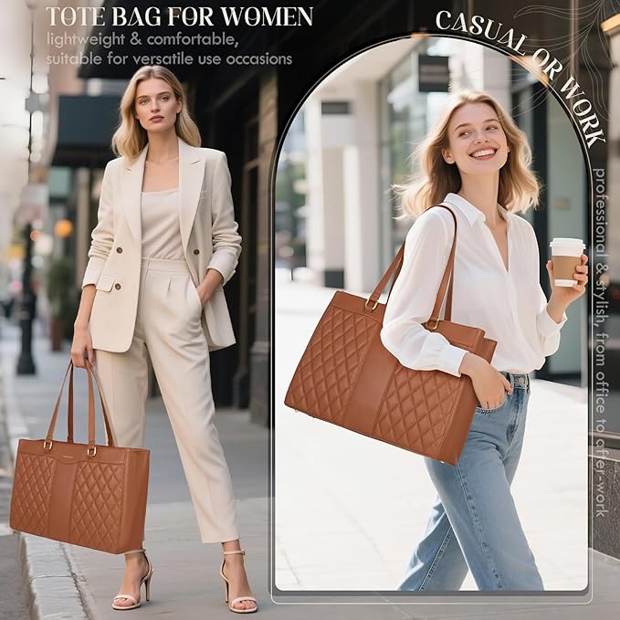 RAINSMORE Laptop Bag for Women 15.6 Inch Work Tote Bags Leather Laptop Tote Professional Laptop Purse Computer Handbag Womens Briefcase Tote with Clutch for Teacher Office Travel, Brown
