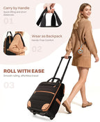 Rolling Puffer Backpack for Women, Travel Backpack with Wheels, 16 Inch Wheeled Laptop Backpck, Dual-Opening Design Overnight College Underseat Carry on Luggage, Roller Business Work Bag, Black Brown