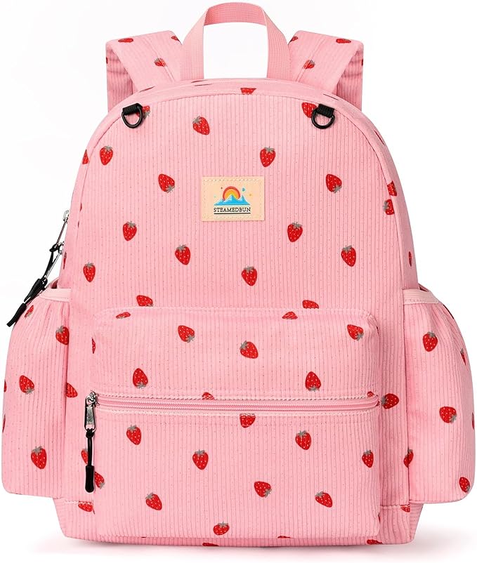 STEAMEDBUN Corduroy Kids Backpack for Girls and Boys 5-8: Girls Backpack for Elementary Kindergarten - 15 inch Cute Backpacks for Kids - Strawberry