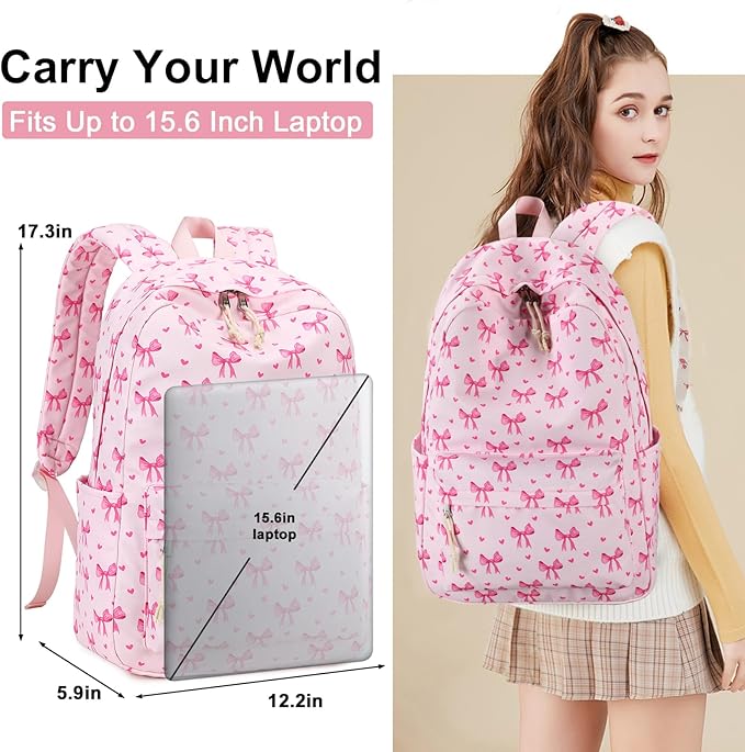LOIDOU Backpack for Girls School Backpacks Bookbags for Elementary Middle School Women Laptop Backpacks (Pink bow-215, L-17)