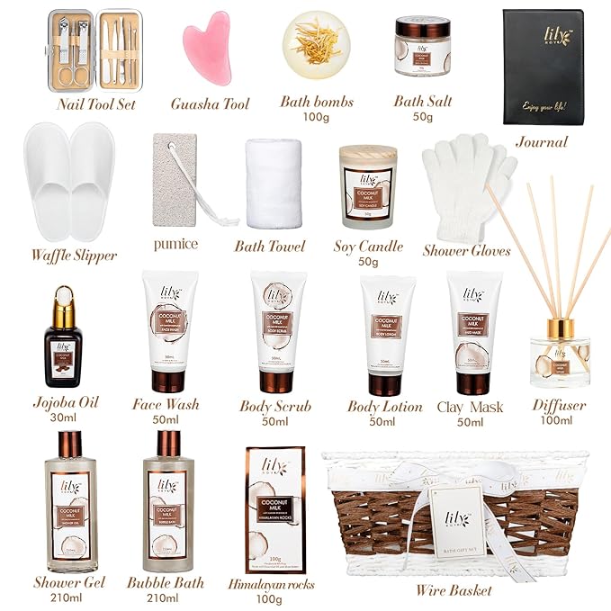 Gifts for Women & Men, Gift Basket for Mom & Dad - 28Piece Coconut Vanilla Spa Gift Basket, Bath and Body Skin Care Gift Set for Birthday, Mothers Day, Christmas Gifts, Spa Kit Self Care