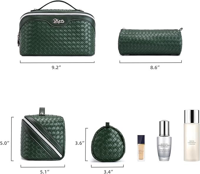BOYATU Travel Makeup Bag Cosmetic Bags for Women: Large Capacity 3 Pcs Set Make up Bag with Compartments - Waterproof Vegan Leather Toiletry Organizer Bags with Handle (L06 Olive)