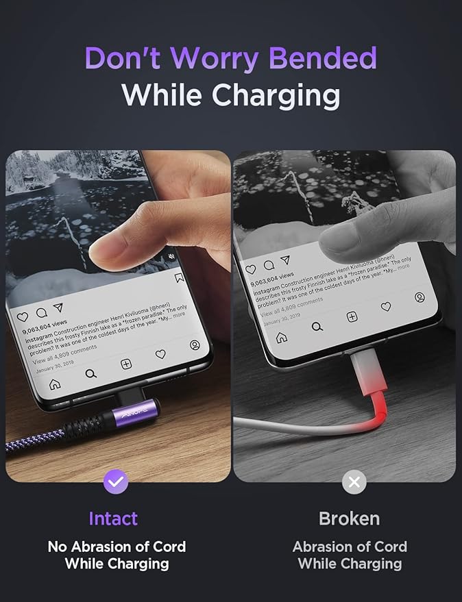 AINOPE USB C Cable 60W 2-Pack 3.3ft Nylon Braided USB C to USB C Cable Type C Charger Fast Charging Right Angle USBC Cable Charger Cord for iPhone 16 Pro Max 15 Plus Samsung S24 S23 iPad Pro Purple
