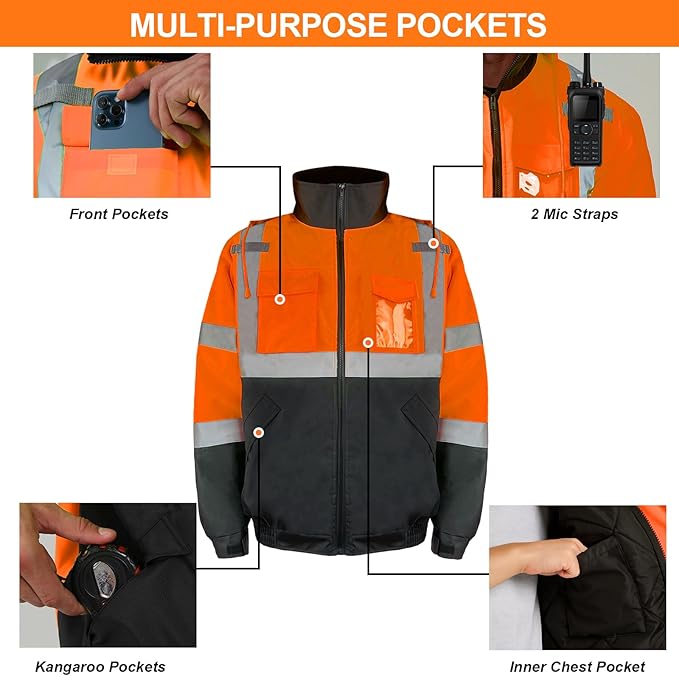 HYCOPROT Hi-Vis Safety Jacket for Men High Visibility Reflective Bomber Winter Waterproof Work Construction Coat ANSI Class 3