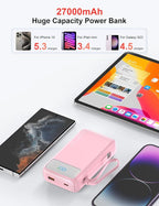 Portable Charger, 27000mAh 22.5W Fast Charging Power Bank with Built-in Cable, USB C Battery Pack with LED Display & Flash Light, Travel Essential External Battery Charger Bank for iPhone Samsung Pink