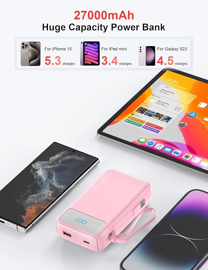 Portable Charger, 27000mAh 22.5W Fast Charging Power Bank with Built-in Cable, USB C Battery Pack with LED Display & Flash Light, Travel Essential External Battery Charger Bank for iPhone Samsung Pink