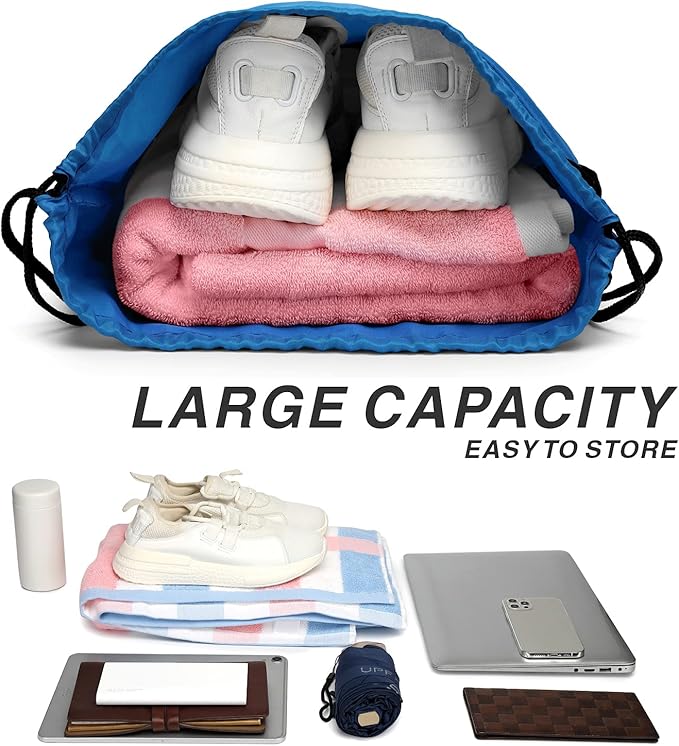 Drawstring Backpack Sports Water Resistant String Bag Sport Gym Sackpack for Women Men Large with Zipper, Neon Blue