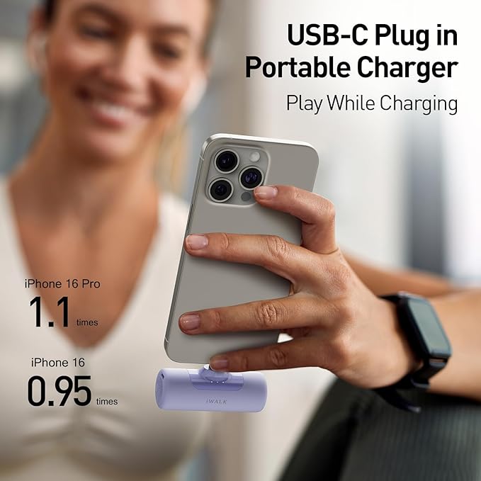 iWALK 4,500mAh Portable Charger for iPhone 15/16/17, Power Bank with Build-in USB C Connector, Battery Pack Phone Charger for iPhone Series, Samsung S22/23/24 Series and Android, Purple