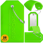 BlueCosto - Luggage Tags - Large, Green, 25 PK - Bulk PVC Suitcase Tags w/Privacy Cover & Stainless Steel Wire Loops - Multipack Personalized Baggage Identifiers for Travel - Backpack Name Labels