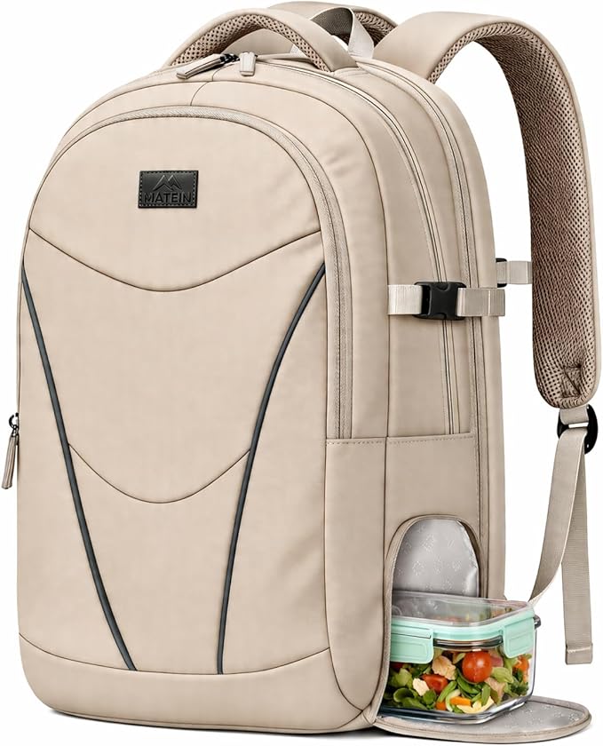 MATEIN HER Laptop Backpack for Women with Lunch Box Compartment, Water Resistant Work Backpack for Office Commute with RFID Pocket, College Computer Meal Prep Bag Fits 17.3'' Notebook, Khaki