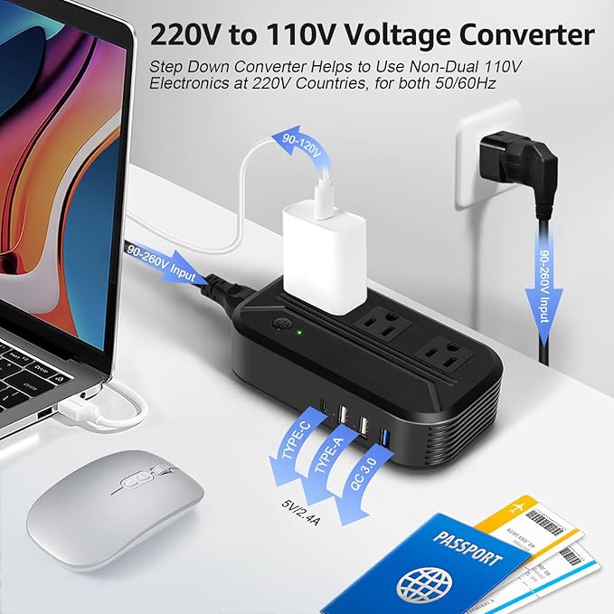 Voltage Converter US to Europe 2300W Power Converter 220v to 110v, Travel Converter with 3 USB+1 Type-C+3 AC Outlets European Travel Plug Adapter for EU/UK//Italy/Asia/India/South Africa/Australia