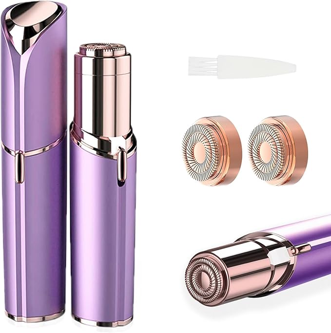 tuokiy Women Facial Hair Removal Device Battery Operated with 2 Replacement Heads,Ladies Face Shaver for Peach Fuzz Upper Lip,Chin, Facial Hair Removal for Women, Purple