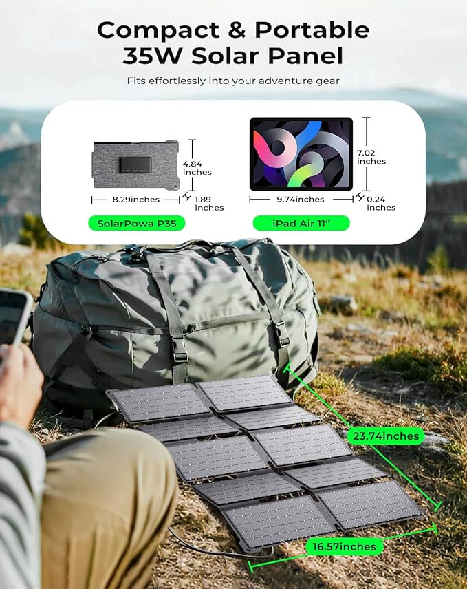 BigBlue Portable 35W Solar Panel Charger with Fast Charging USB-A and PD 25W USB-C for Camping Backpacking, 1.54 lbs, IP68 Waterproof, Folding Solar Phone Charger for iPhone/Android, iPad, Power Bank