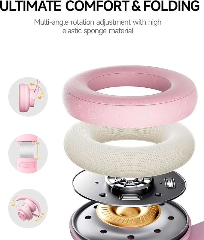 Picun B8 Headphones Wireless Bluetooth, 120H Bluetooth Headphone Over Ear with 3EQ Music Modes, Hands-Free Calls, Deep Bass Headphones for Travel Home Office Cellphone PC (Pink)