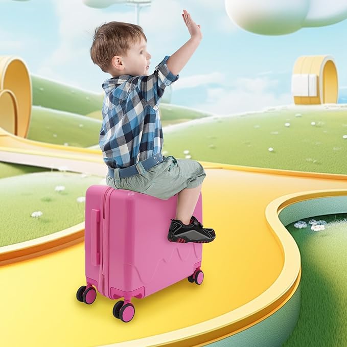 18" Kids Ride-On Suitcase,Children's Carry On Luggage Case,Rolling Luggage With Lock,Travel Trolley Case for Short Trips,School Trips,Outings (Pink)
