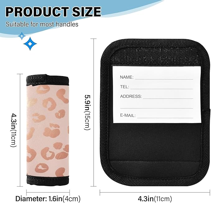 4 Pack Rose Gold Leopard Luggage Handle Wraps with Writable Luggage Tags, 5.9 x 4.3 Inches Durable Polyester Suitcase Handle Wraps