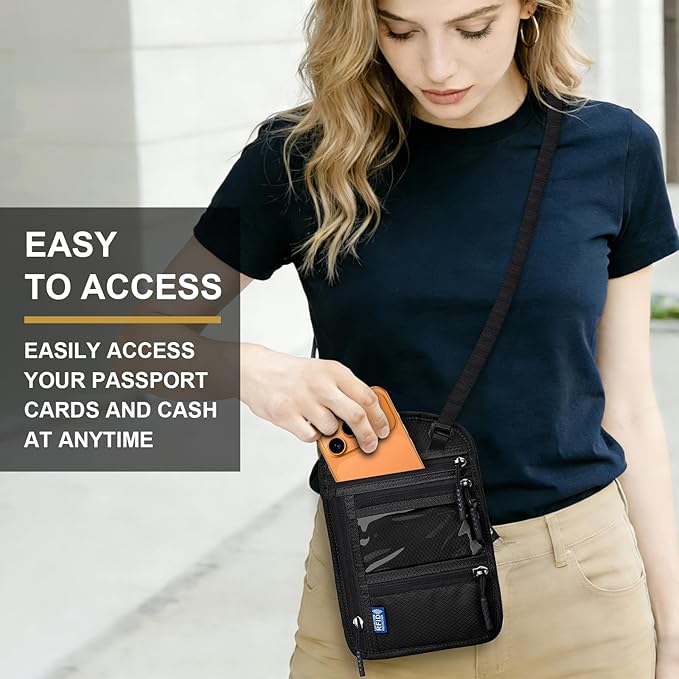 Neck Wallet with RFID Blocking - Hidden Travel Passport Holder Pouch | Concealed Under Clothing, Anti-Theft Security | Adjustable & Lightweight for Vacation, Airports