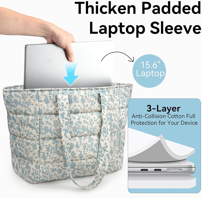 Puffer Tote Bag with Pouch,Women's Lightweight Quilted Shoulder Bag,15.6"/17.3" Laptop Travel Weekender for Work & Nurses