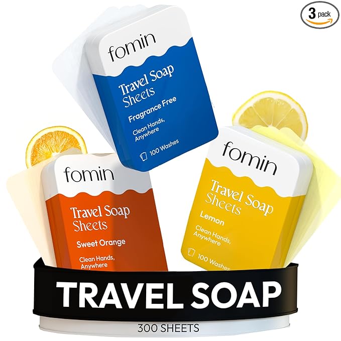 FOMIN -Antibacterial Paper Soap Sheets for Traveling -300 Variety(Lemon,Orange,Lavender) Portable Soap Sheets for Travel in Tin-Dissolvable Mini Portable Travel Hand Washing Sheet for Camping & Hiking