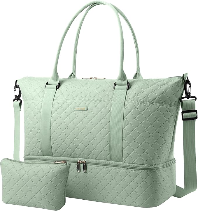 HOTOR Travel Duffel Bag - Weekender Bags for Women, Gym Tote Bags with Shoe Compartment, Carry On Overnight Bag with Toiletry Bag for Travel Essentials and Travel Accessories, Green, 13.4"×17.3"×7.9"