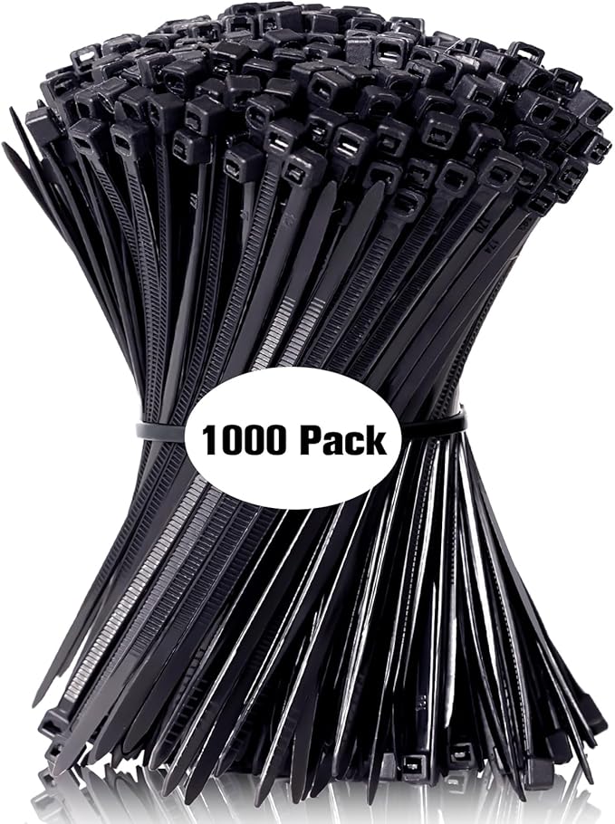 Zip Ties 8 inch, 1000 Pack Black Zip Ties, Self-Locking Nylon Cable Ties with 40 lbs Tensile Strength,Wire Ties for indoor and outdoor use.