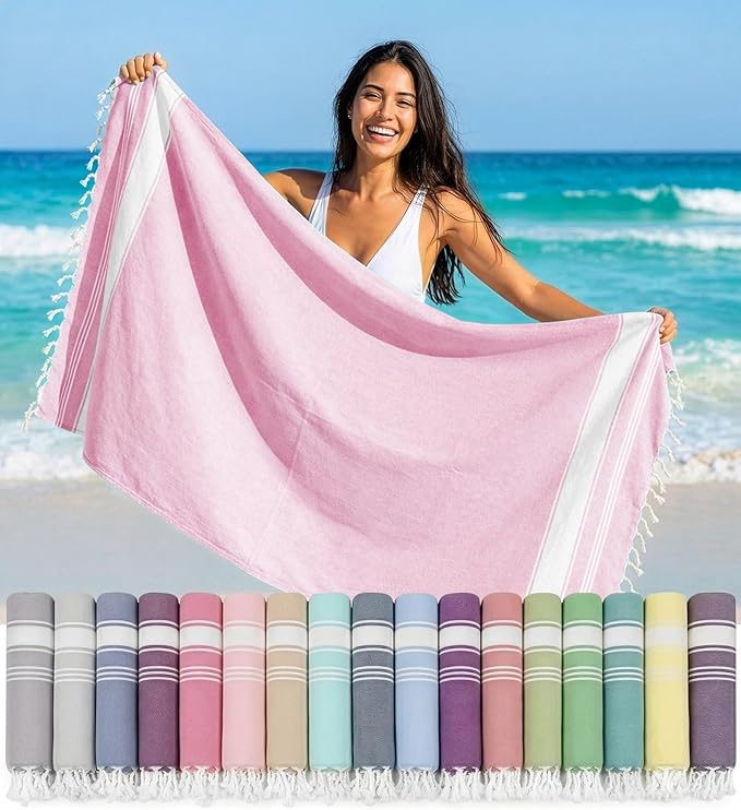 LANE LINEN Large Beach Towel, Turkish Towel, Lightweight Beach Towels for Adults, 39"x71" Oversized Pool Towels, Absorbent, Quick Dry, Durable Sand Proof Beach Towel, 39"x71" - Candy Pink