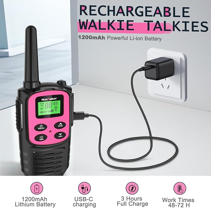 MaxTalker Walkie Talkies Long Range for Adult, MT10 Rechargeable Walkie Talkies FRS Two Way Radio, NOAA, 1200mAh Li-ion Battery USB-C Cable, LED Flashlight,VOX Walkie Talkie for Camping 2Pack (Pink)