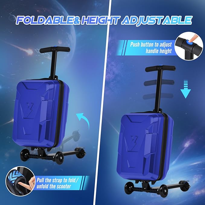 smilesun Scooter Suitcase for Kids & Adults, Foldable Carry On Travel Luggage, Hardside Ride on Scooter Suitcase with Spinner Wheels，Blue