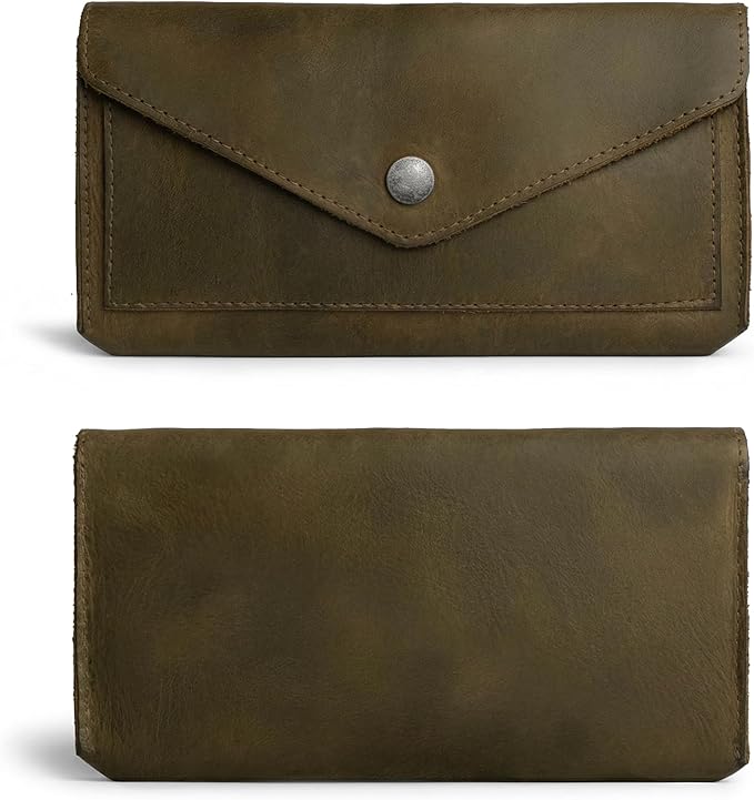 Hide & Drink, Full Grain Leather Large Female Wallet, Travel Organizer for Women, Vintage Money and Card Holder, Handmade, Dark Jade