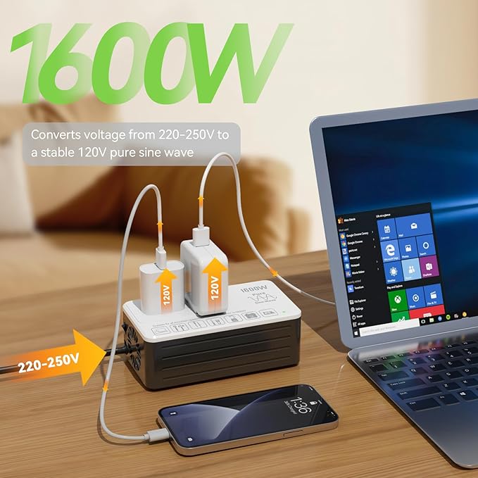 1600W 220V to 110V Converter for European International Travel, Universal Power Plug Adapter Voltage Converter US to Europe, Plug & Play, No Limitations - Power Any American Appliances Overseas