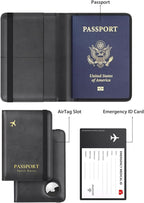 Stouchi AirTag Passport Holder, Slim Passport Holder Family with Airtag Slot, RFID Passport Wallet Cover for Men, PU Leather Passport Case, Anti-Lost Travel Accessories, Black