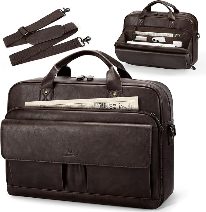 RAINSMORE Mens Laptop Bag PU Leather Messenger Bag 15.6 Inch Briefcase Vintage Computer Satchel Bag for Work Business