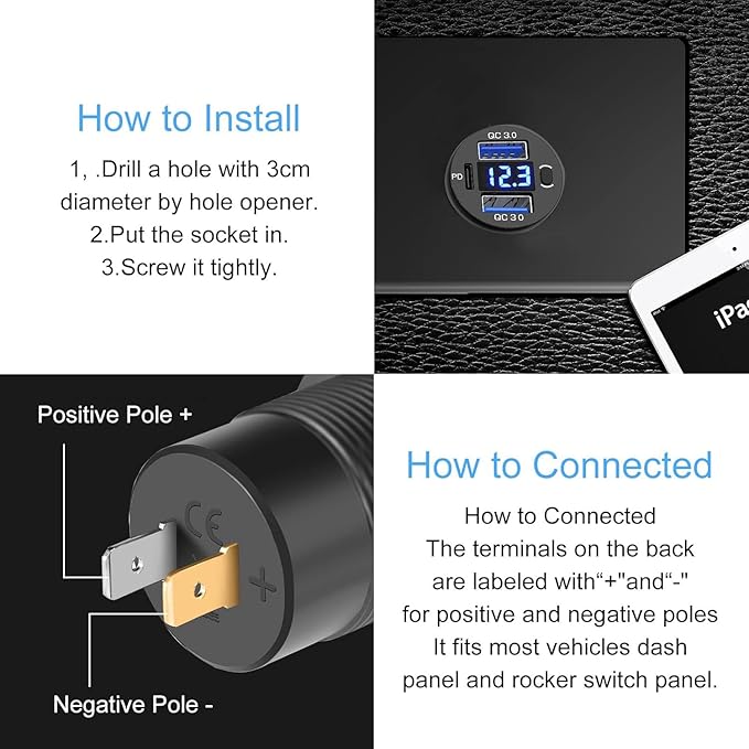 Dual USB Quick Charge 3.0 Port & PD USB C Car Charger Socket, 12V USB Outlet with Voltmeter and Power Switch for Car Boat Marine Truck