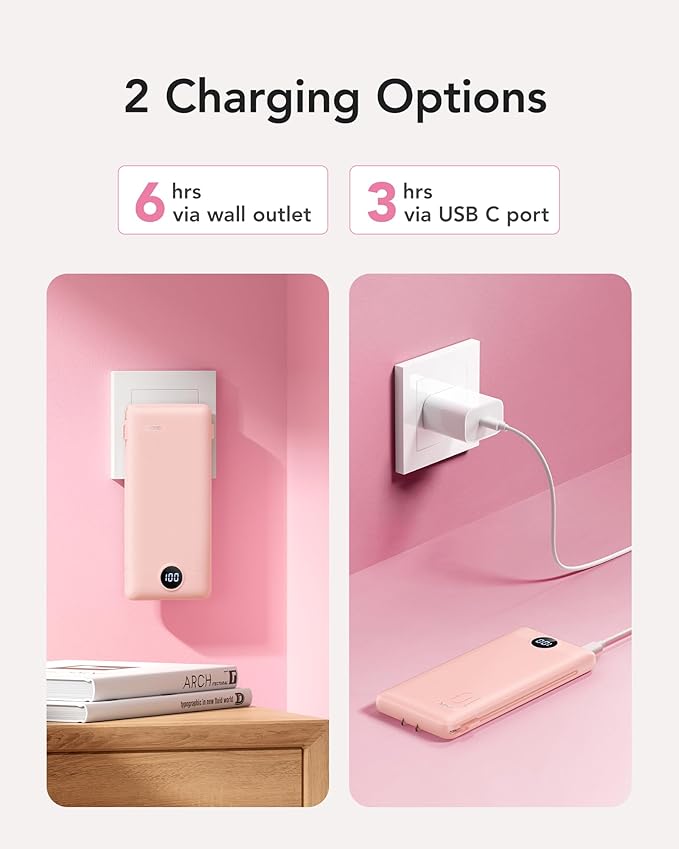 VRURC Portable Charger Power Bank - 10000mAh Fast Charging 22.5W PD 20W Portable Charger with Built in Cables, Portable Charger with Cords External Charger Travel Accessories-Pink