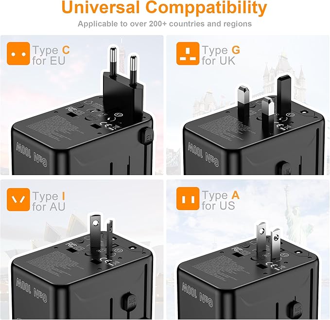 VYLEE Universal Travel Adapter, PD100W GaN International Power Adapter with 3 USB C and 1 USB A Charging Ports, All in One Power Outlet, Worldwide Plug Adapter for US to European UK AUS Ireland(Black)