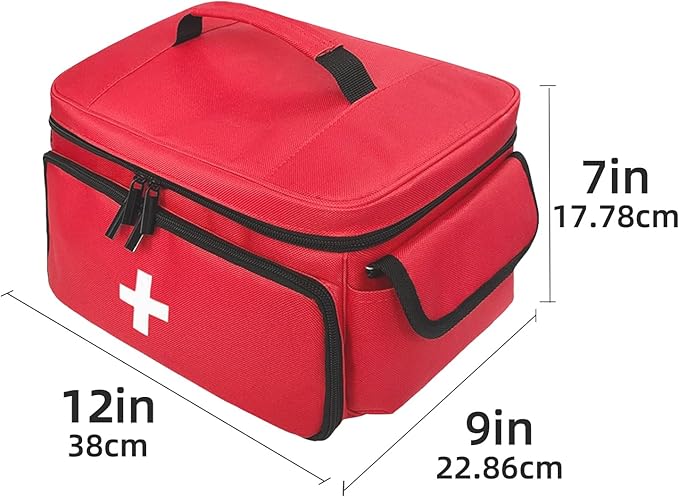 ALSLEA First Aid Bag Empty First Aid Kit Storage Box 12" x 9" x 7" Medical Bag Portable Pill Bottle Organizer Case for Car, Travel, Office, Outdoor, Camping, Hiking, School (Red)
