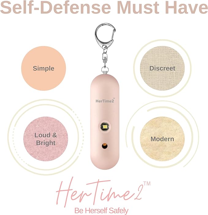 HerTime2 Personal Safety Alarm for Women - Loud Self Defense Siren, Waterproof Keychain with Strobe Light - Battery Powered, Rose Gold