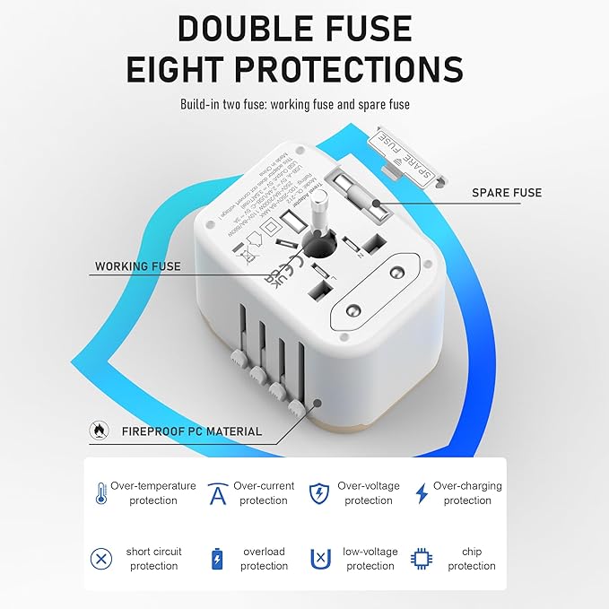 VYLEE Universal International Power Travel Plug Adapter, 5 in 1 European Travel Plug Adapter W/ 3.5A 2xUSB-A and 2xUSB C Wall Charger and Worldwide AC Outlet for Europe USA UK AUS Asia (White Gold)